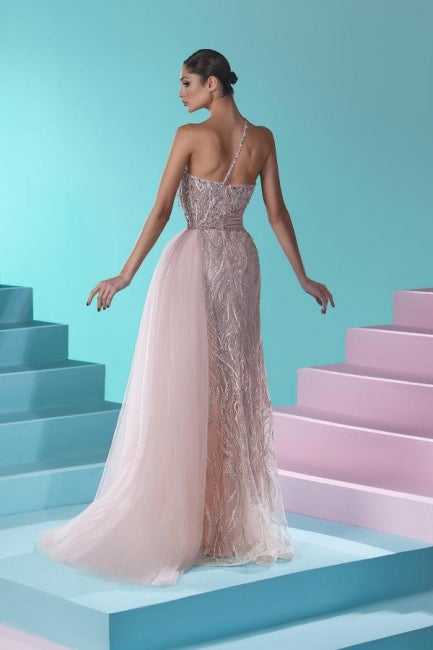 Hermoso vestido de fiesta largo de sirena con un solo hombro, de tul y encaje con abertura