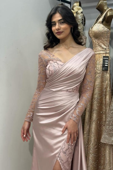 Hermosos vestidos de fiesta largos de sirena rosa con encaje brillante y abertura frontal con mangas largas