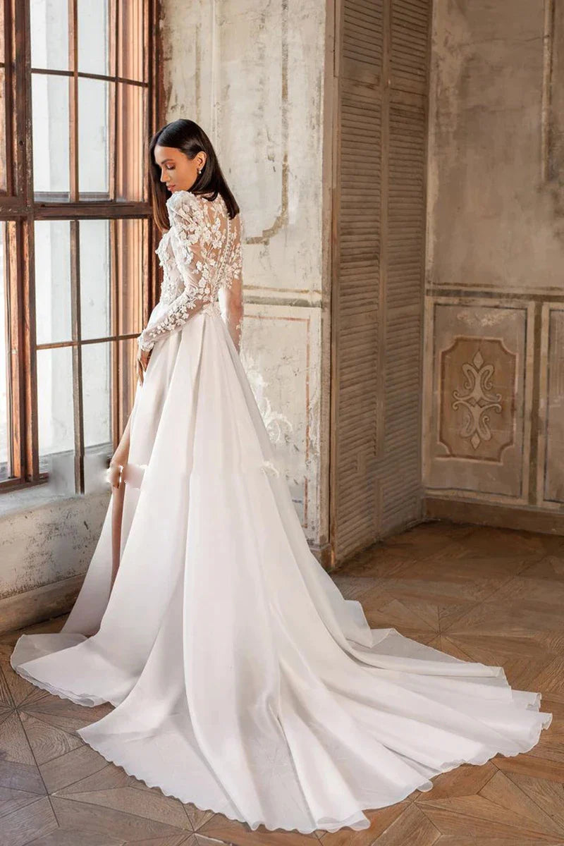 Beautiful Luxury Bohemian High Fork Wedding Dresses A-Line High Neck Lace Tulle Beach Bridal Gown Long Sleeves Sweep Train New-payinti