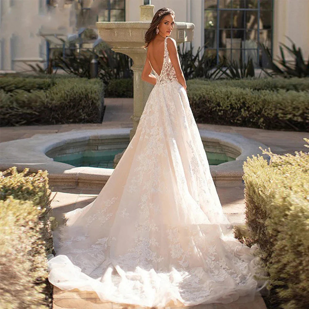 Beautiful Romantic A-line V-neck Sleeveless Sexy Backless Wedding Dresses New For Women Grace Flowers Gorgeous Bridal Gowns-payinti