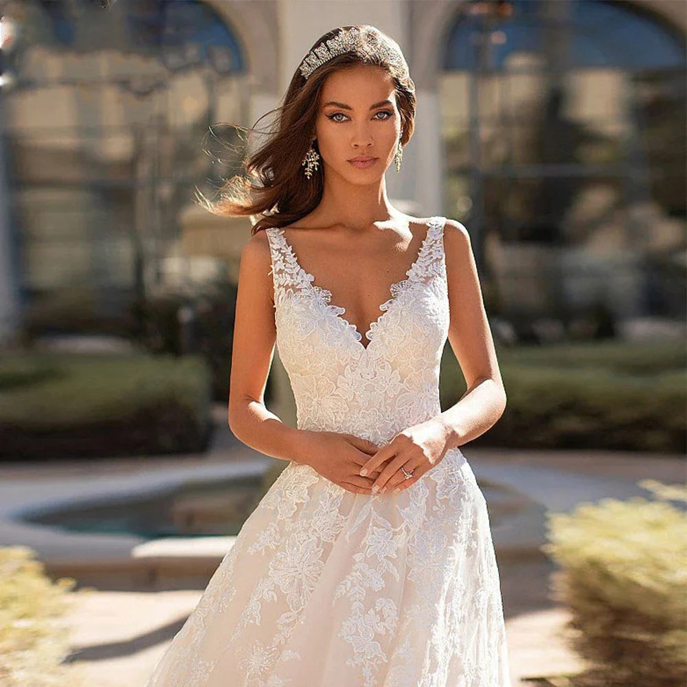Beautiful Romantic A-line V-neck Sleeveless Sexy Backless Wedding Dresses New For Women Grace Flowers Gorgeous Bridal Gowns-payinti
