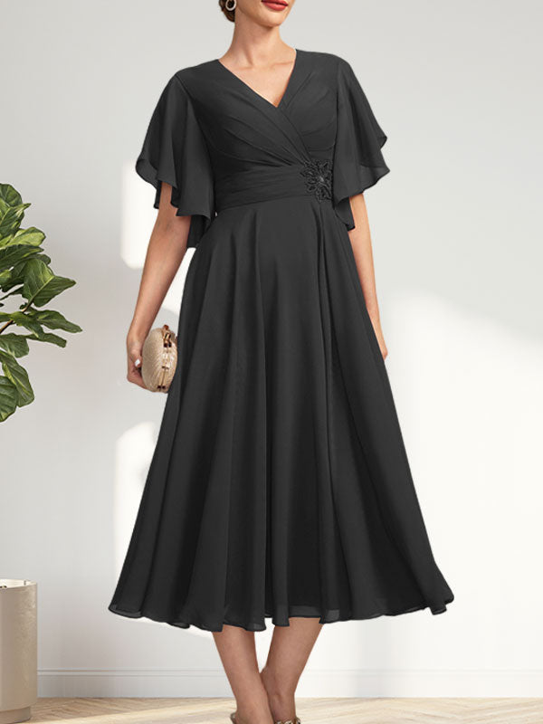 A-line V-Neck Tea-Length Chiffon Mother of the Bride Dress With Pleated Beading