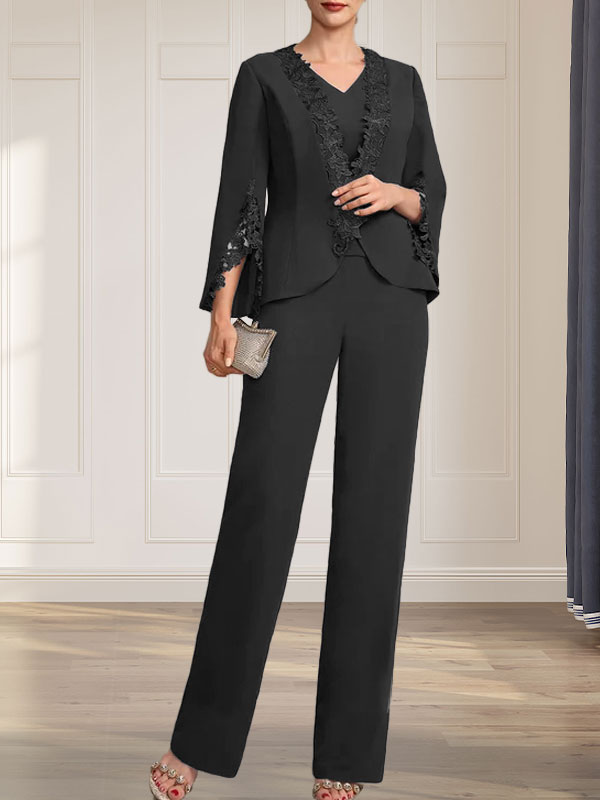 Separates Jumpsuit/Hosenanzug V-Ausschnitt Bodenlanges Chiffonkleid für die Brautmutter