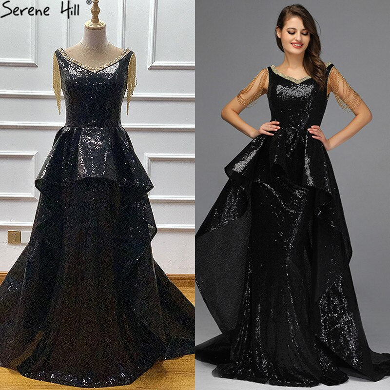 Vestido de noche sexy, sin mangas, asimétrico, negro, con hombros descubiertos y borlas, diseño Dubái, LA60798.