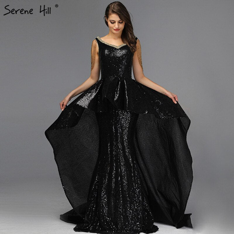 Vestido de noche sexy, sin mangas, asimétrico, negro, con hombros descubiertos y borlas, diseño Dubái, LA60798.