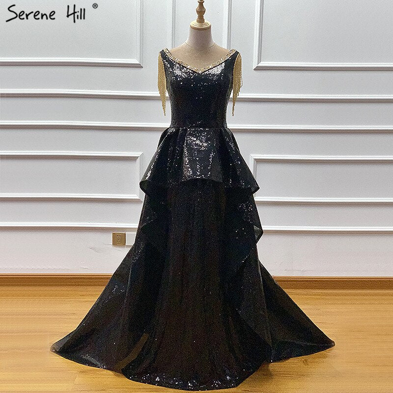 Vestido de noche sexy, sin mangas, asimétrico, negro, con hombros descubiertos y borlas, diseño Dubái, LA60798.