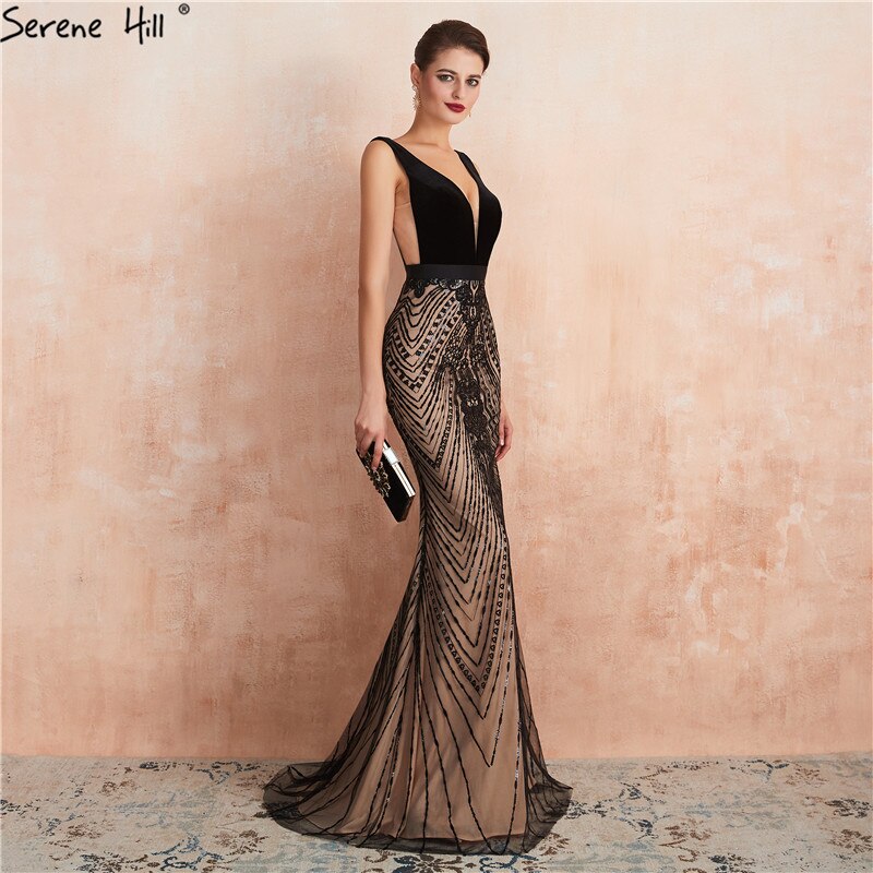 Schwarzes rückenfreies, sexy Meerjungfrau-Abschlussballkleid, Design 2025, V-Ausschnitt, Pailletten, langes Abschlussball-Partykleid LA70288