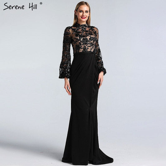 Vestido de noche negro de corte sirena, mangas largas, cuello alto, lentejuelas, ilusión, formal, LA60921