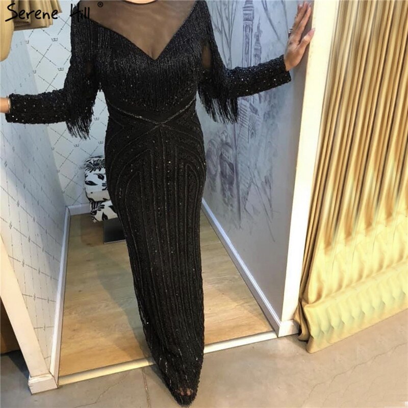Vestido de noche negro de lujo, sexy, de corte sirena, ajustado, con borlas y mangas largas, en oferta, sin devoluciones ni reembolsos, LA60716
