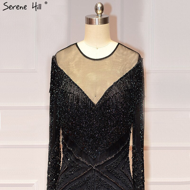 Vestido de noche negro de lujo, sexy, de corte sirena, ajustado, con borlas y mangas largas, en oferta, sin devoluciones ni reembolsos, LA60716