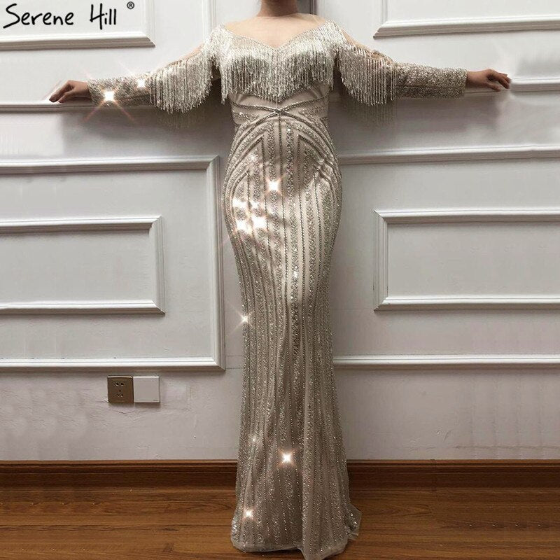 Vestido de noche negro de lujo, sexy, de corte sirena, ajustado, con borlas y mangas largas, en oferta, sin devoluciones ni reembolsos, LA60716
