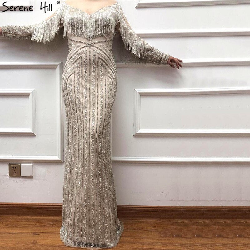 Vestido de noche negro de lujo, sexy, de corte sirena, ajustado, con borlas y mangas largas, en oferta, sin devoluciones ni reembolsos, LA60716