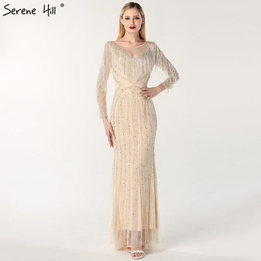 Vestido de noche negro de lujo, sexy, de corte sirena, ajustado, con borlas y mangas largas, en oferta, sin devoluciones ni reembolsos, LA60716