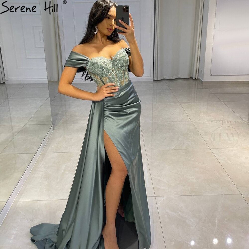 Vestido de noche negro de corte sirena con abertura alta, satén con cuentas, elegante y sexy, para mujer, fiesta, LA71412