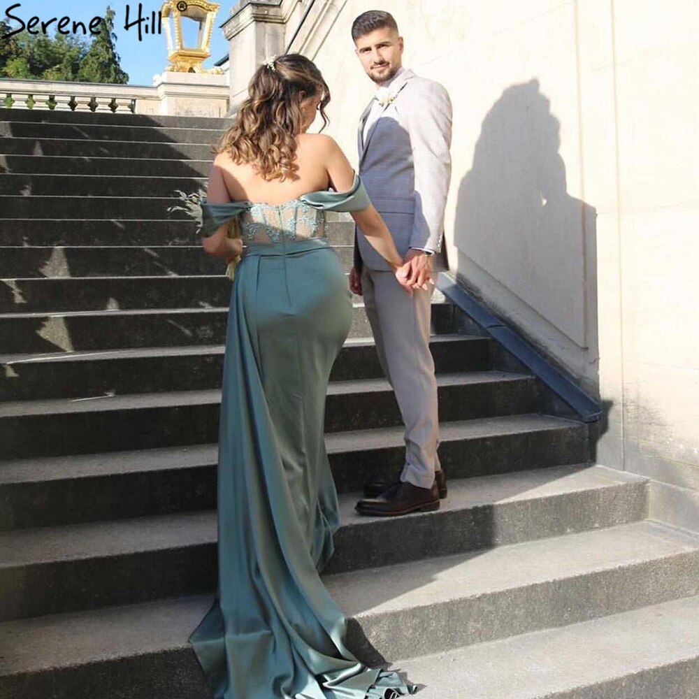 Vestido de noche negro de corte sirena con abertura alta, satén con cuentas, elegante y sexy, para mujer, fiesta, LA71412