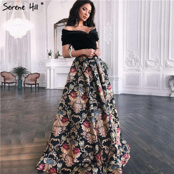 Sale Black Off Shoulder 3D Flowers Evening Dresses 2025 Short Sleeve A-Line Sexy Formal Dress LA70016
