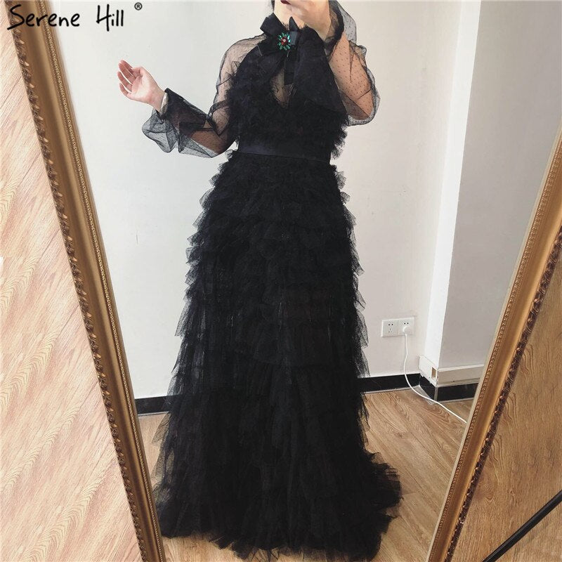 Vestidos de noche sexys negros con perspectiva 2025, mangas largas y lazo recortado, LA60906