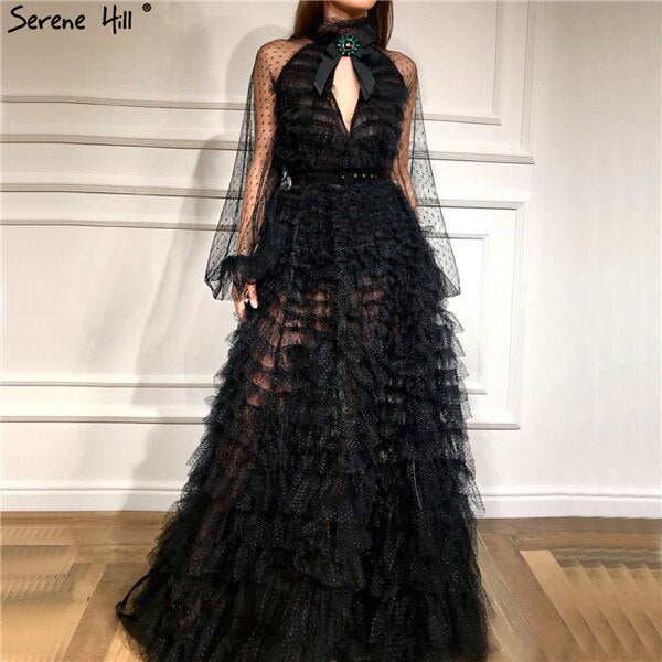 Vestidos de noche sexys negros con perspectiva 2025, mangas largas y lazo recortado, LA60906
