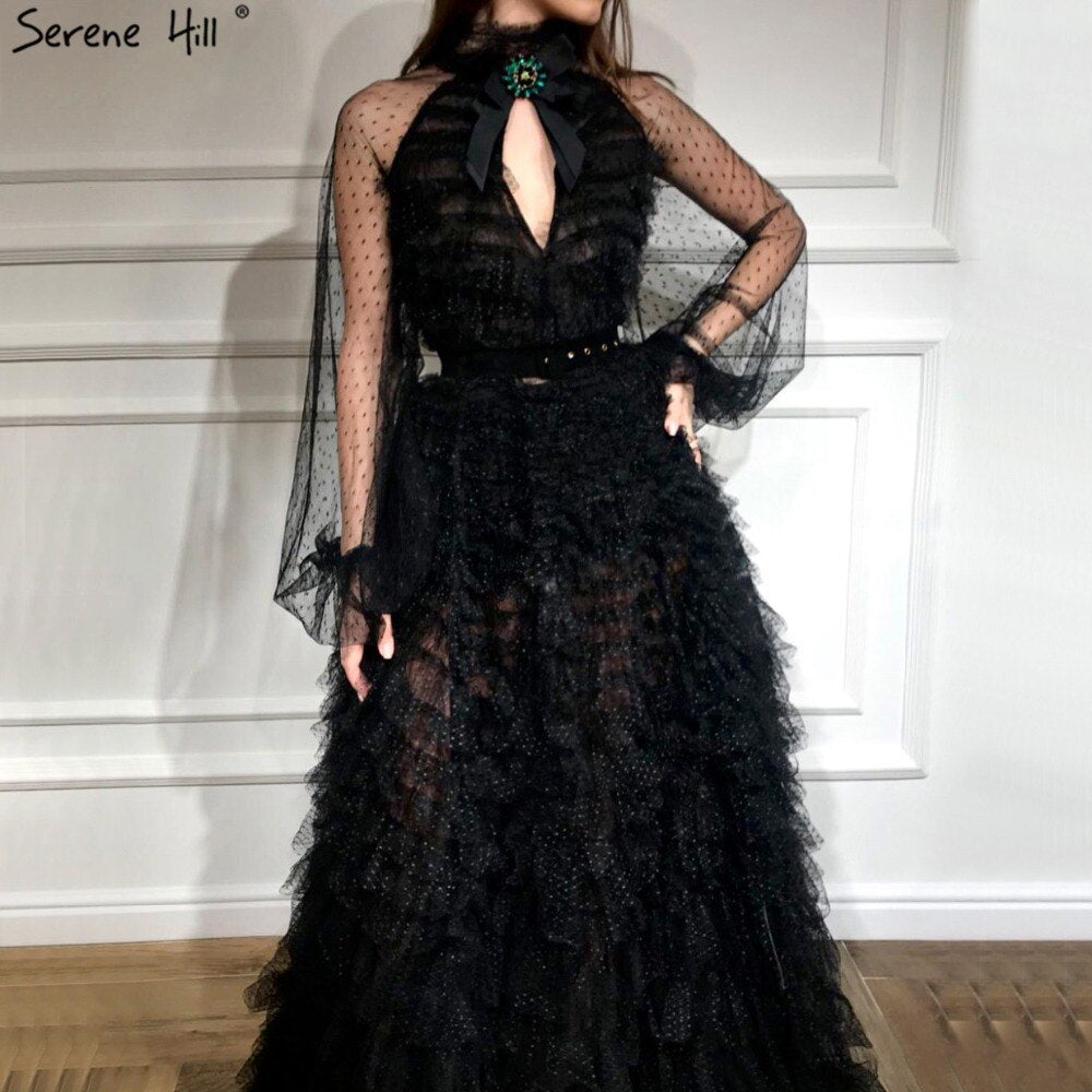 Vestidos de noche sexys negros con perspectiva 2025, mangas largas y lazo recortado, LA60906