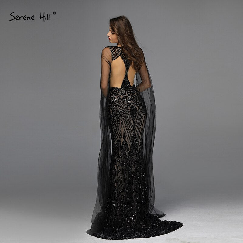 Schwarzes, sexy Abendkleid mit V-Ausschnitt und Pailletten im Meerjungfrauen-Stil, ärmellos, funkelnd, Design 2025 LA70117