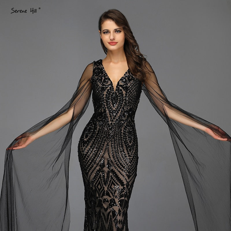Schwarzes, sexy Abendkleid mit V-Ausschnitt und Pailletten im Meerjungfrauen-Stil, ärmellos, funkelnd, Design 2025 LA70117