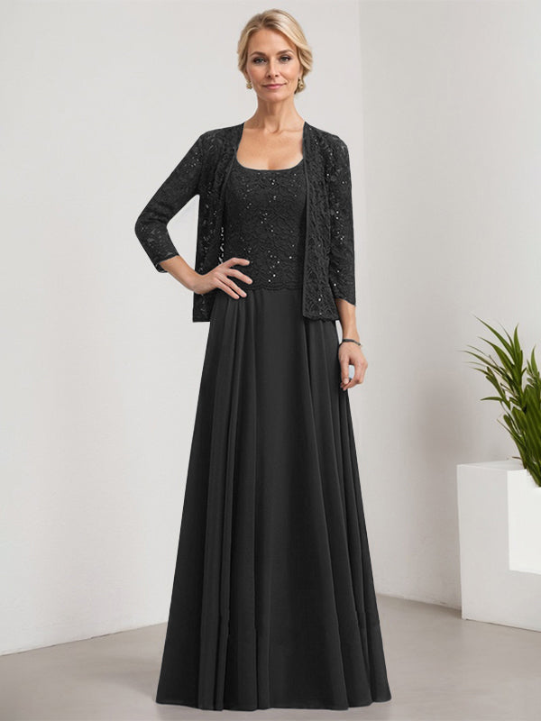 A-Linie Quadratisches Bodenlanges Spitzen-Chiffon-Kleid für die Brautmutter mit Pailletten