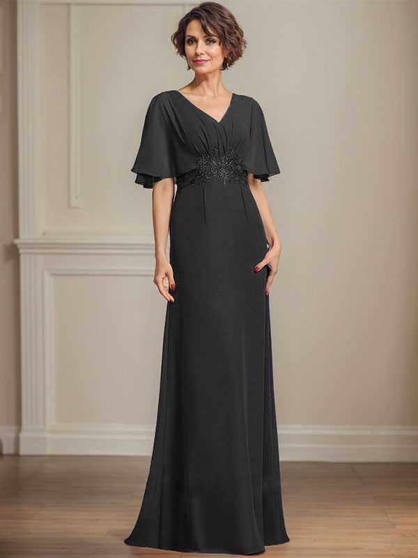 A-Linie V-Ausschnitt Bodenlanges Chiffonkleid für die Brautmutter mit plissierten Paillettenapplikationen Spitze