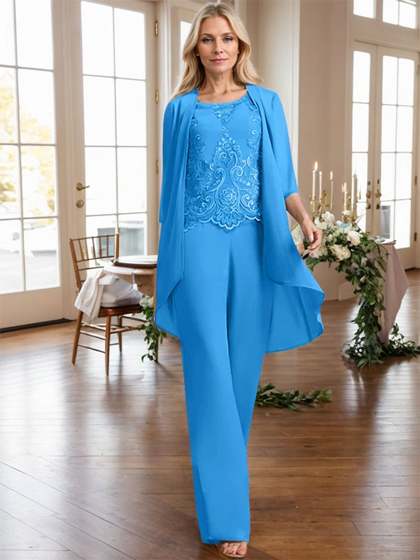 Separates Jumpsuit/Hosenanzug, U-Ausschnitt, bodenlanges Chiffon-Spitzenkleid für die Brautmutter mit Perlen und Pailletten