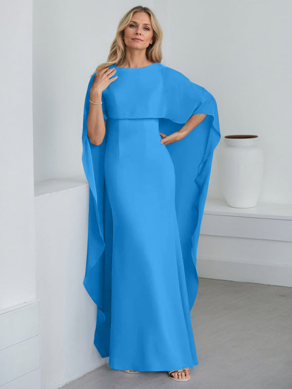 Bodenlanges Etui-Kleid aus Chiffon mit U-Ausschnitt und kaskadierenden Rüschen