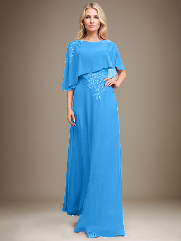 A-Linie U-Ausschnitt Bodenlang Chiffon Spitze Kleid für die Brautmutter mit Pailletten und Perlen