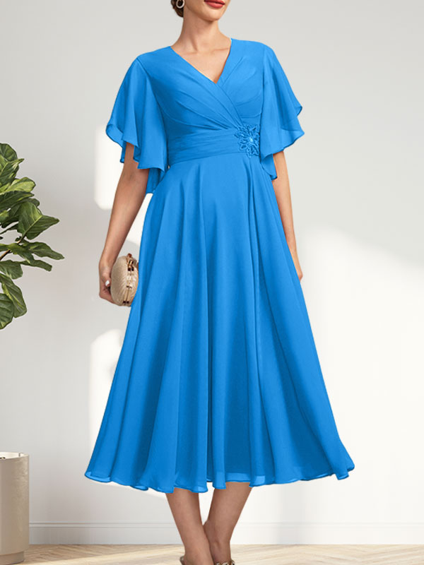 A-line V-Neck Tea-Length Chiffon Mother of the Bride Dress With Pleated Beading