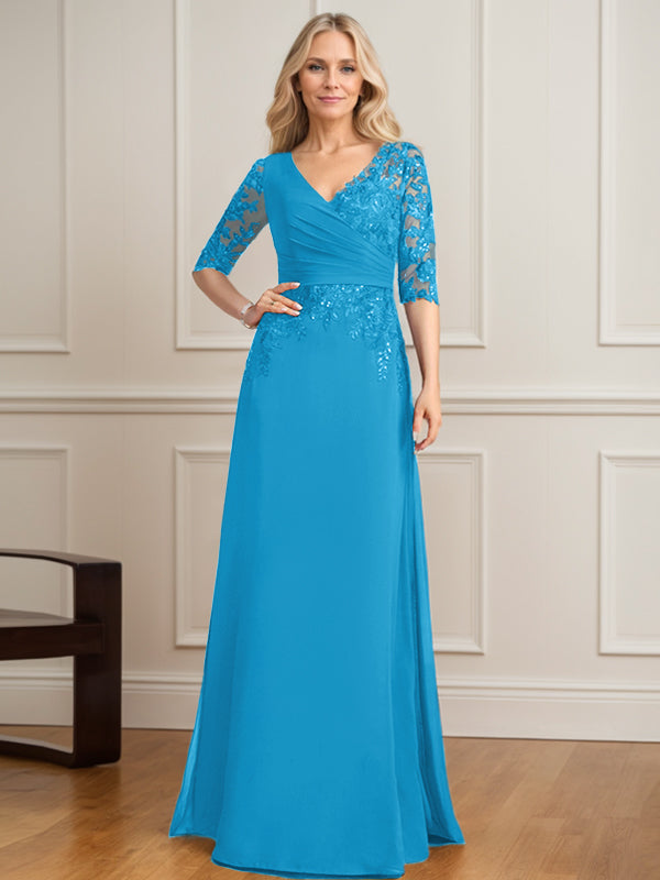 A-Linien-Kleid mit V-Ausschnitt, bodenlangem Spitzenchiffon und plissierten Pailletten