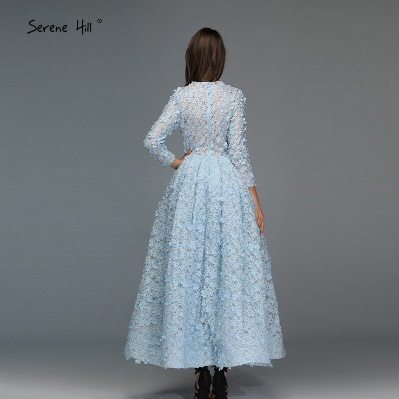 Sale Blue Flowers Evening Dresses 2025 Muslim Long Sleeves Ankle length Midi Dresses Evening Gowns LA60905