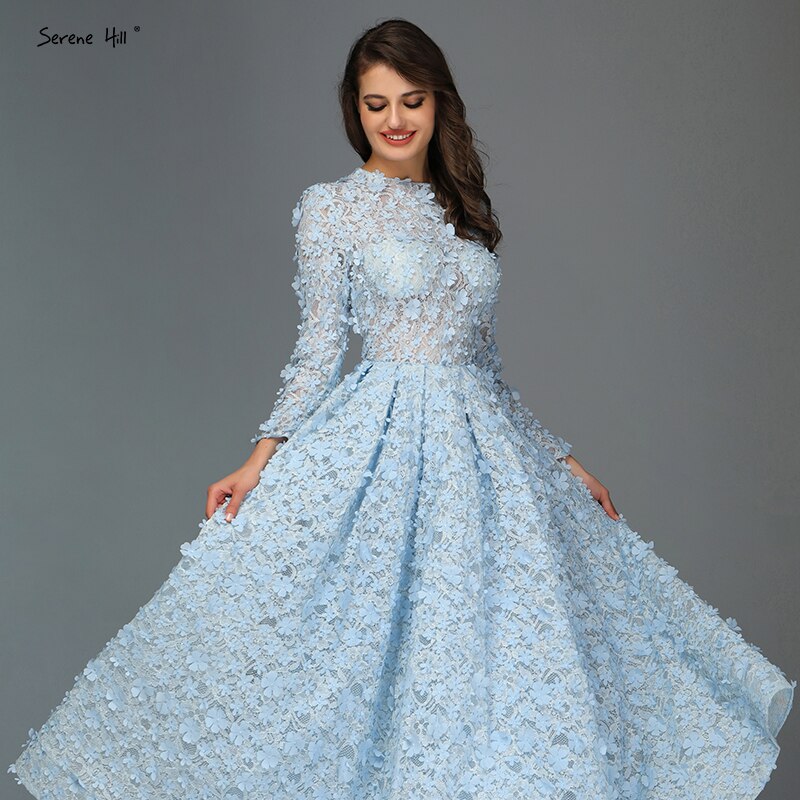 Sale Blue Flowers Evening Dresses 2025 Muslim Long Sleeves Ankle length Midi Dresses Evening Gowns LA60905