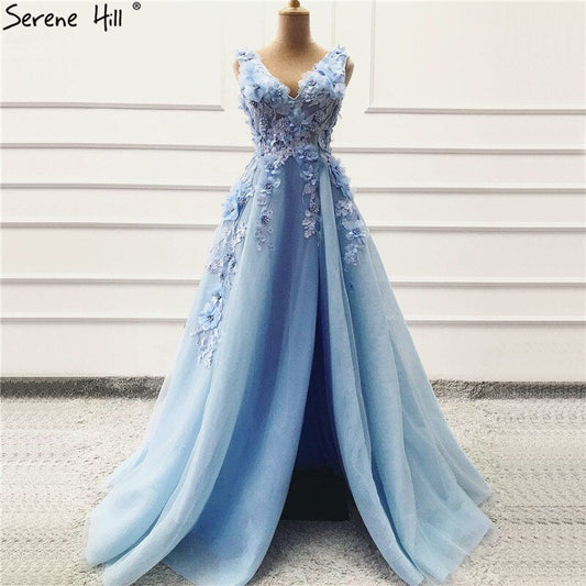En oferta, sin devolución ni reembolso. Venta de vestidos de noche con escote en V, sin mangas, sexys, de corte A, con flores azules hechas a mano y diamantes, vestido formal 2025 LA60867