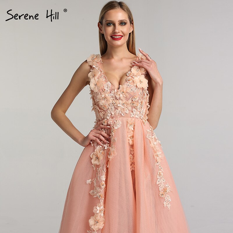 En oferta, sin devolución ni reembolso. Venta de vestidos de noche con escote en V, sin mangas, sexys, de corte A, con flores azules hechas a mano y diamantes, vestido formal 2025 LA60867