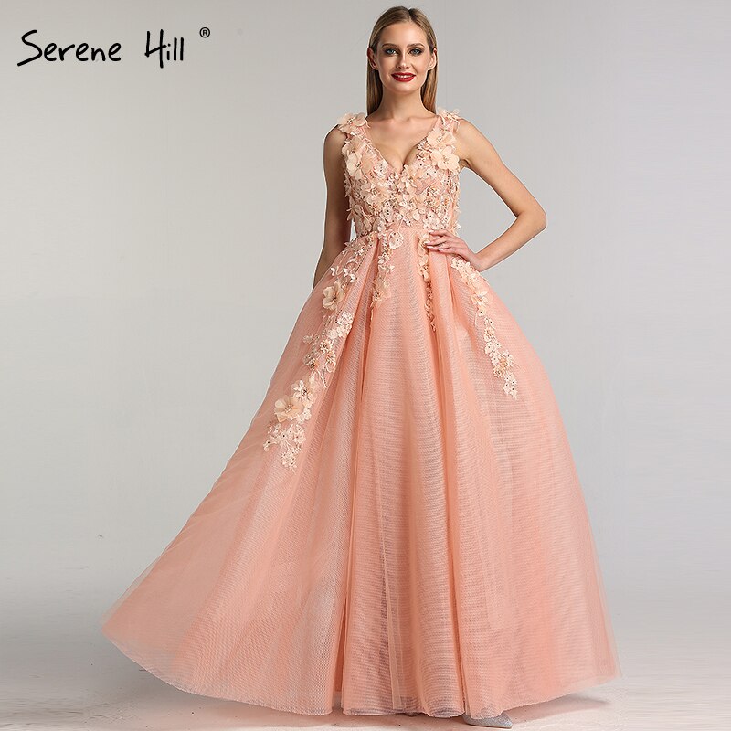 En oferta, sin devolución ni reembolso. Venta de vestidos de noche con escote en V, sin mangas, sexys, de corte A, con flores azules hechas a mano y diamantes, vestido formal 2025 LA60867