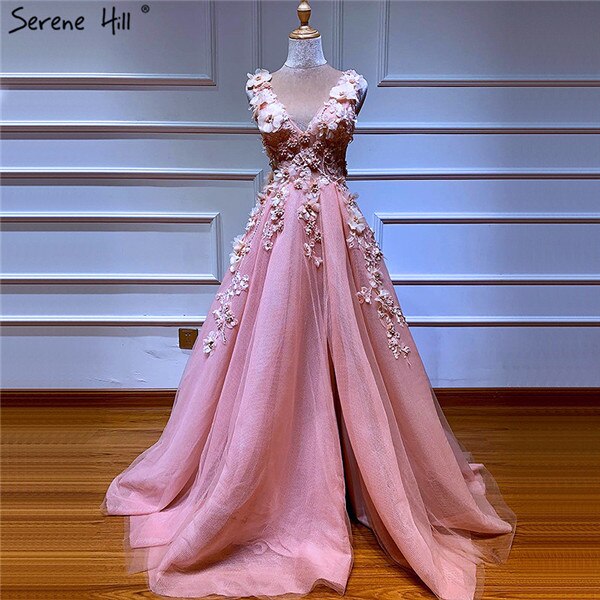 En oferta, sin devolución ni reembolso. Venta de vestidos de noche con escote en V, sin mangas, sexys, de corte A, con flores azules hechas a mano y diamantes, vestido formal 2025 LA60867