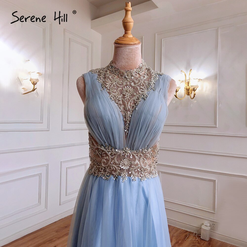 En oferta, sin devolución ni reembolso. Vestidos de noche azules de lujo de corte A, 2025, con cuentas, sin mangas, para mujer, fiesta de boda LA70961