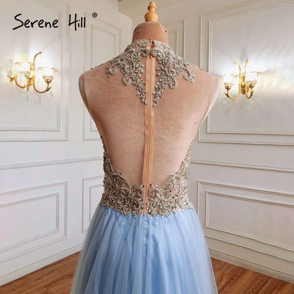 En oferta, sin devolución ni reembolso. Vestidos de noche azules de lujo de corte A, 2025, con cuentas, sin mangas, para mujer, fiesta de boda LA70961