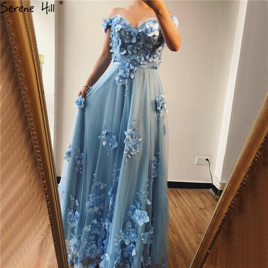 En oferta, sin devolución ni reembolso, vestido de noche azul con hombros descubiertos, flores hechas a mano, perlas, sin mangas, sexy, corte A, 2025 LA70189