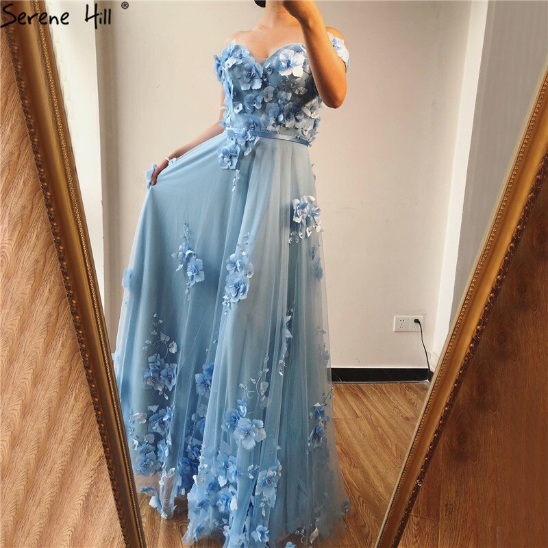 On Sale No Return No Refund Blue Off Shoulder Handmade Flowers Evening Dresses Pearls Sleeveless Sexy A-Line Evening Gowns 2025 LA70189