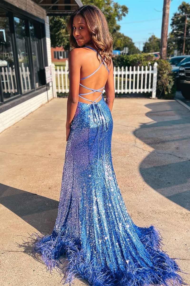 Blue Sequin Feather Back Mermaid Sparkly Long Prom Dress with Slit PSK419