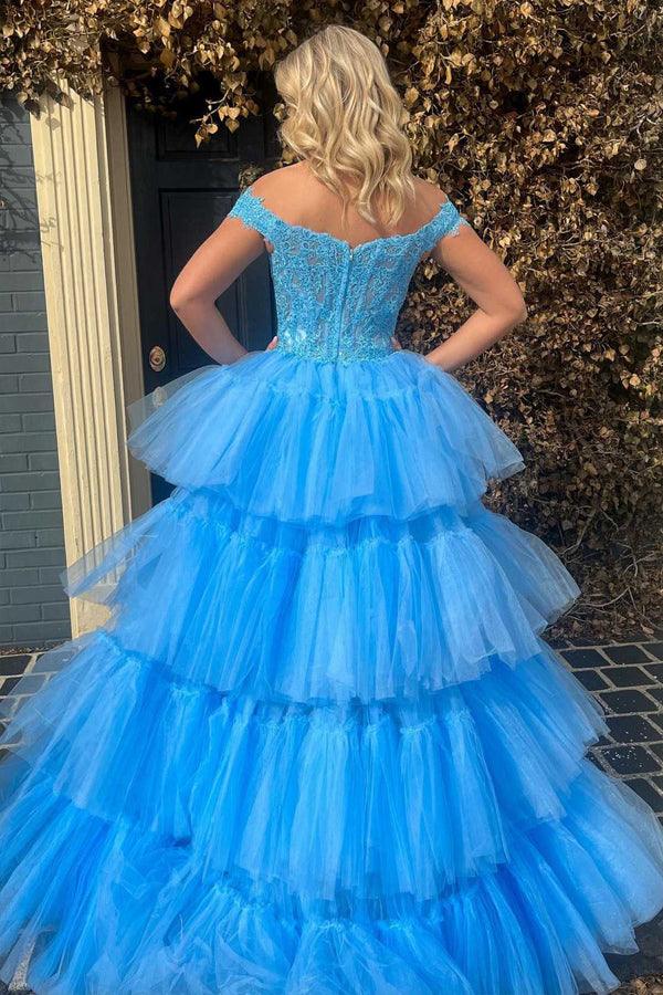 Tulle Lace Off-the-Shoulder High-Low Tiered Prom Dress