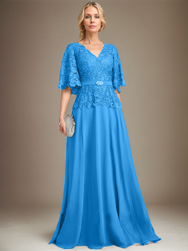 A-Linie V-Ausschnitt Bodenlanges Chiffon-Spitzenkleid für die Brautmutter mit Kristallbrosche und Strass