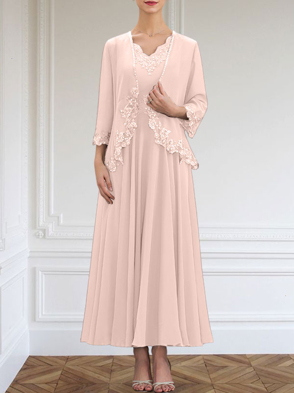 A-line V-Neck Ankle-Length Chiffon Mother of the Bride Dress With Sequins Appliques Lace Beading