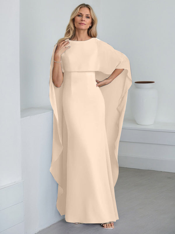 Bodenlanges Etui-Kleid aus Chiffon mit U-Ausschnitt und kaskadierenden Rüschen