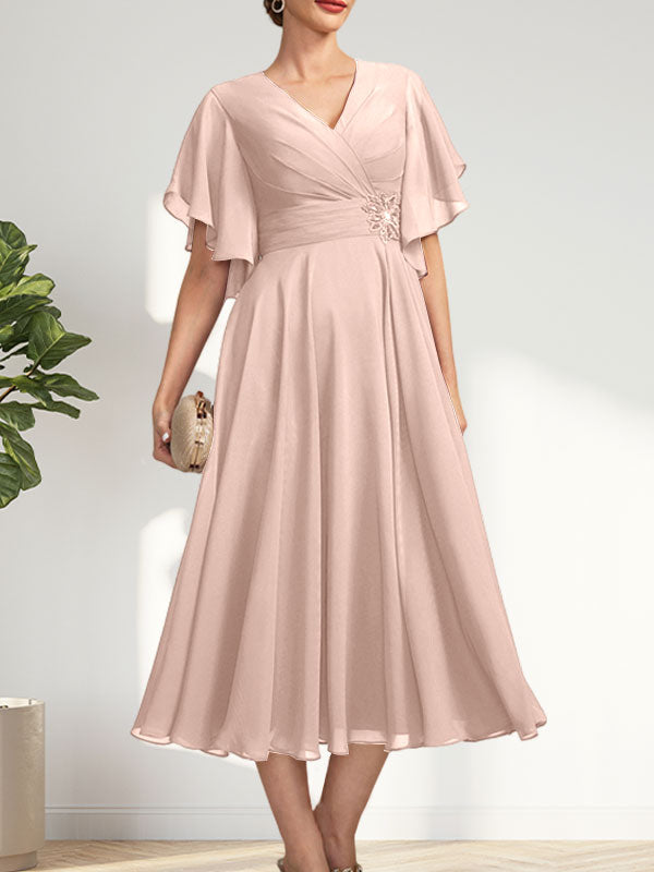 A-line V-Neck Tea-Length Chiffon Mother of the Bride Dress With Pleated Beading