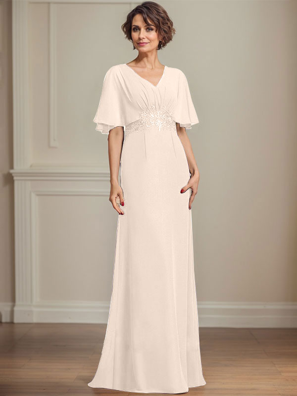 A-Linie V-Ausschnitt Bodenlanges Chiffonkleid für die Brautmutter mit plissierten Paillettenapplikationen Spitze