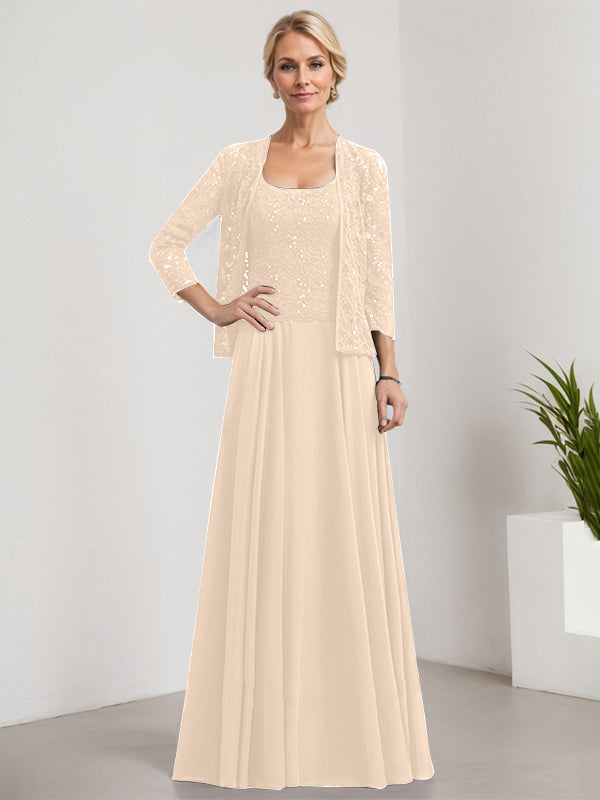 A-Linie Quadratisches Bodenlanges Spitzen-Chiffon-Kleid für die Brautmutter mit Pailletten